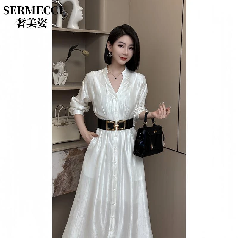 御姐风赫本风连衣裙女2025新款秋季白色感优雅气质修身显瘦长裙