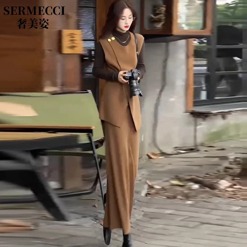 气质时尚套装女冬季洋气半高领打底衫美拉德马甲上衣半身裙三件套