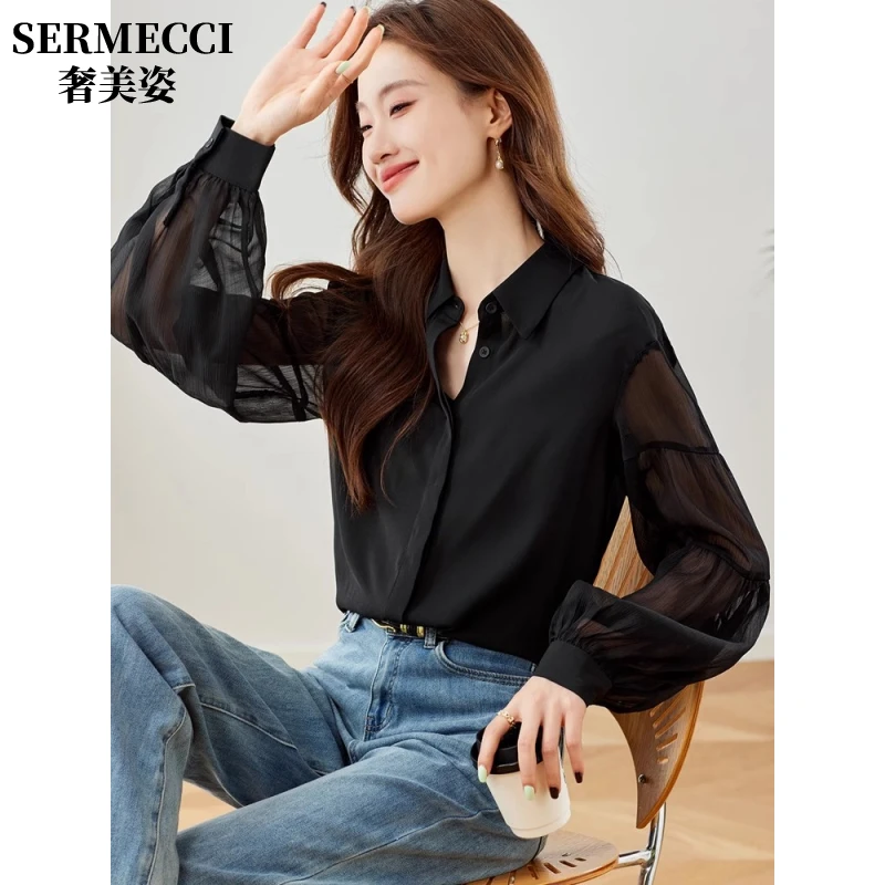 黑色时尚雪纺衬衫女显瘦2025秋季新款感气质小众衬衣职业春秋上衣