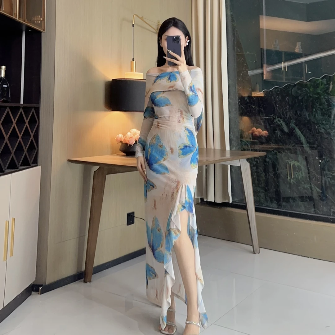 轻奢气质女人味连帽一字领长袖轻盈蓝蝶显瘦修身百搭开叉连衣裙