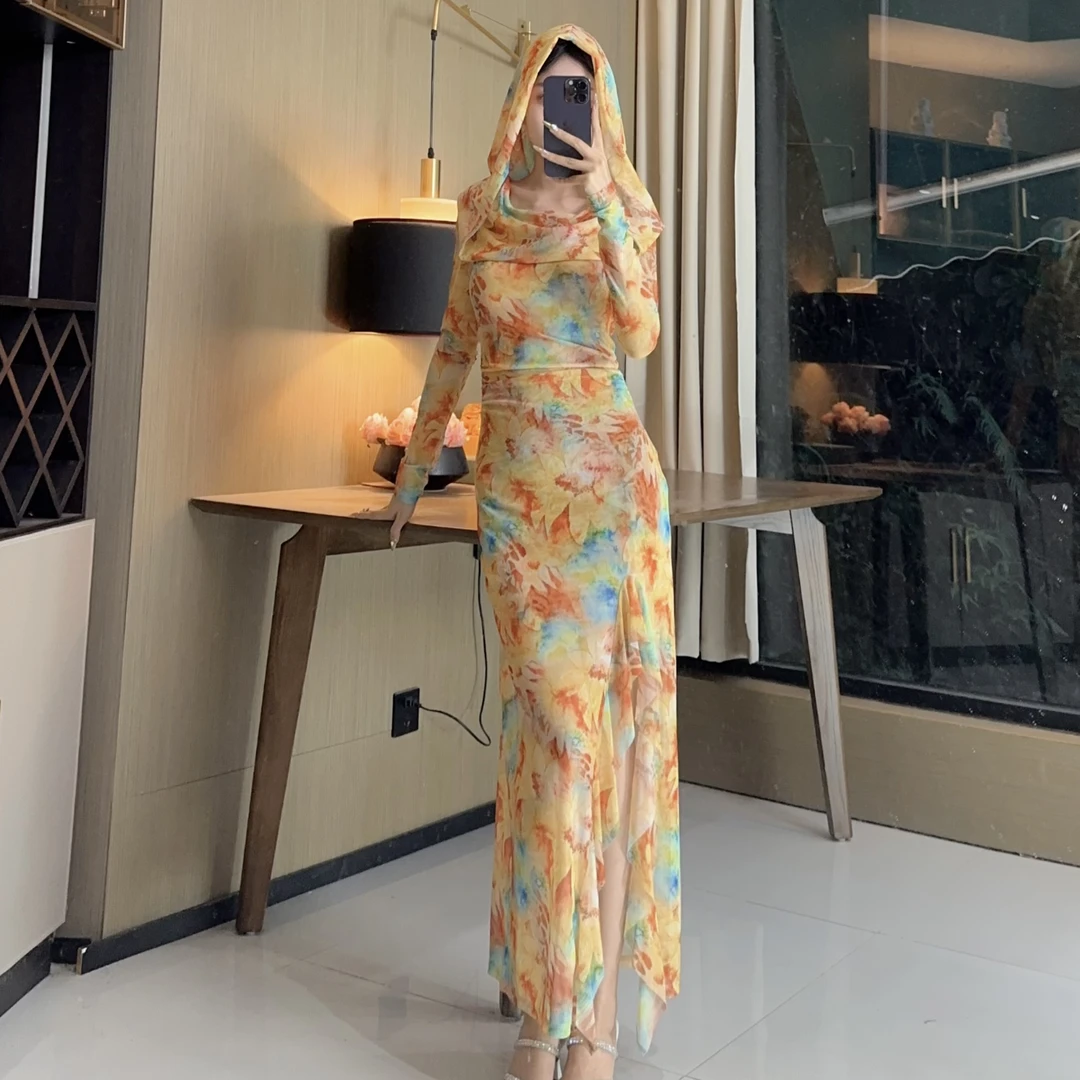 轻奢气质女人味连帽一字领长袖玉兰清香显瘦修身百搭开叉连衣裙