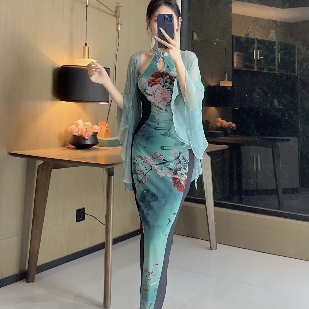 气质女人味轻奢立领无袖定位花青松皓鹤显瘦修身百搭后开衩连衣裙