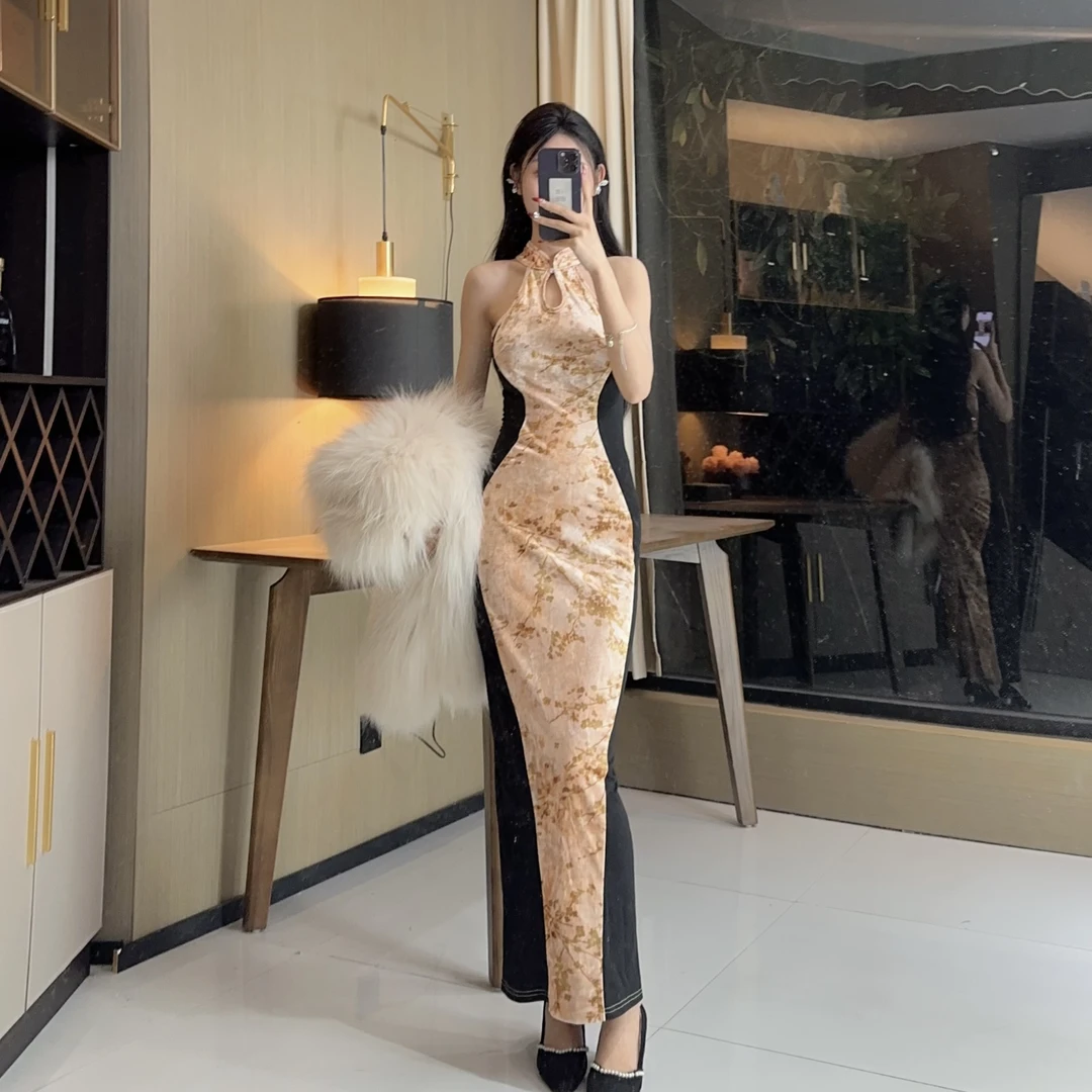 气质女人味轻奢立领无袖花色印花显瘦性感包身时尚百搭开衩连衣裙