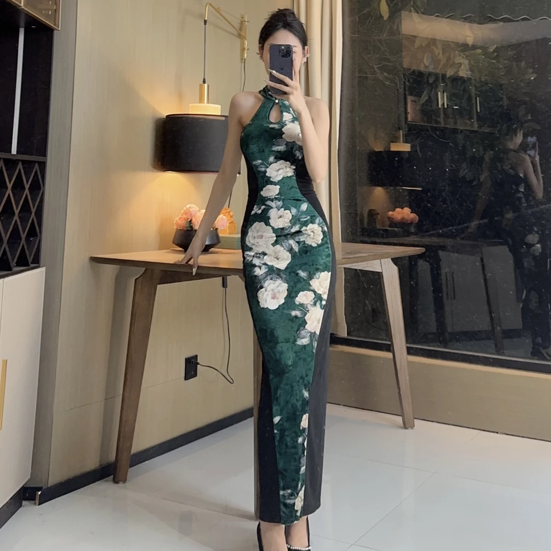 气质女人味轻奢立领无袖碧绿飘然显瘦性感包身时尚百搭开衩连衣裙