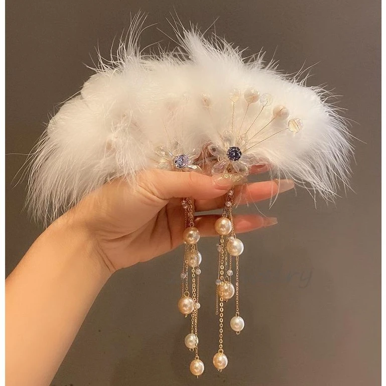 时尚羽毛水晶边夹女结婚装饰品流苏节日演出新年拍照头饰新娘发夹