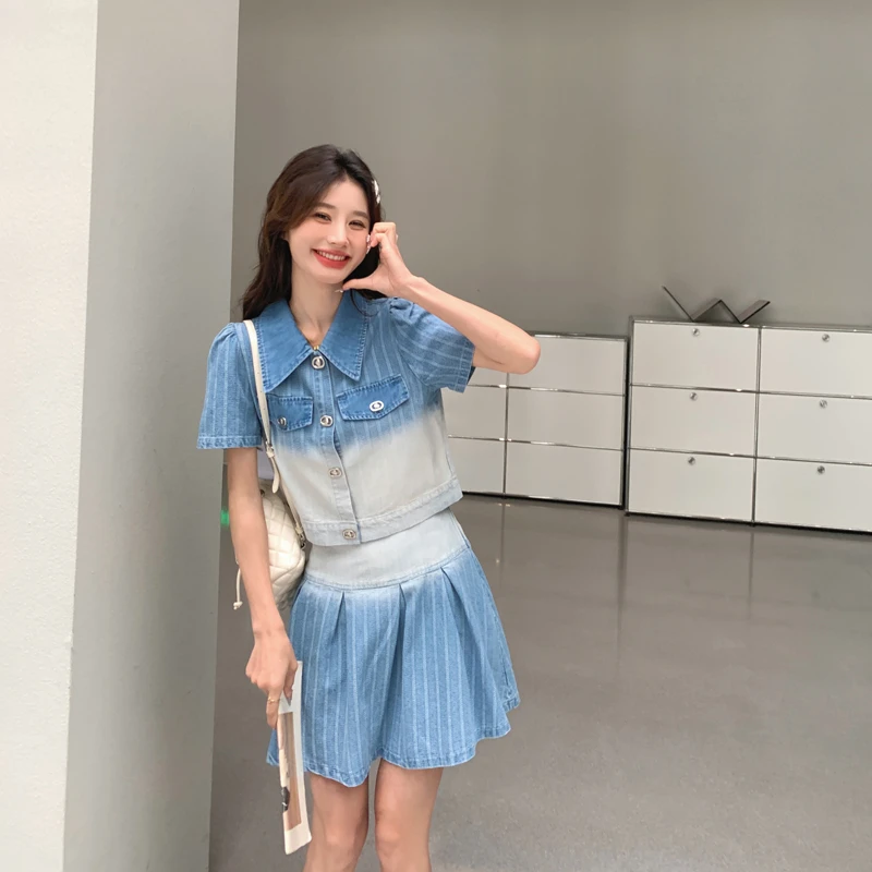 扎染撞色牛仔短袖上衣短裙两件套女夏季今年个性洋气减龄漂亮套装