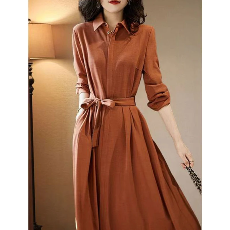 设计感翻领长袖衬衫连衣裙女秋季新款2024优雅大方气质橘色a字裙