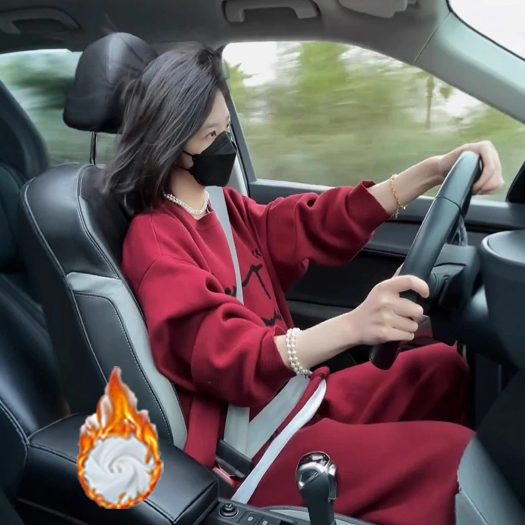 加绒秋冬季过年新款小香风减龄洋气红色卫衣高级时尚套装女