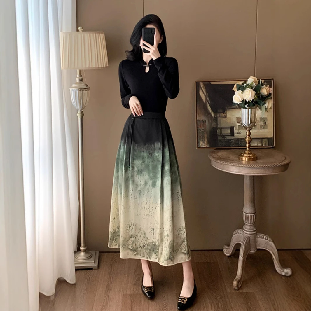 新中式国风套装女秋季新款修身长袖T恤高级感水墨画半身裙两件套