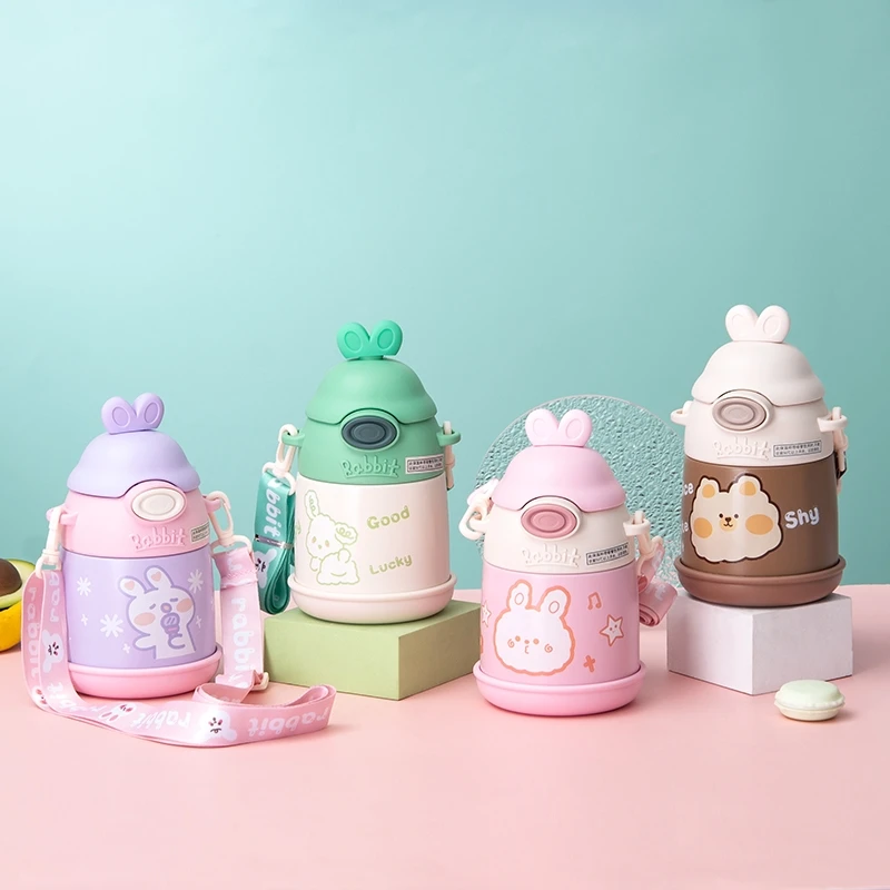 网红小Q兔保温杯卡通带吸管可爱便携斜跨大容量学生水杯500ML