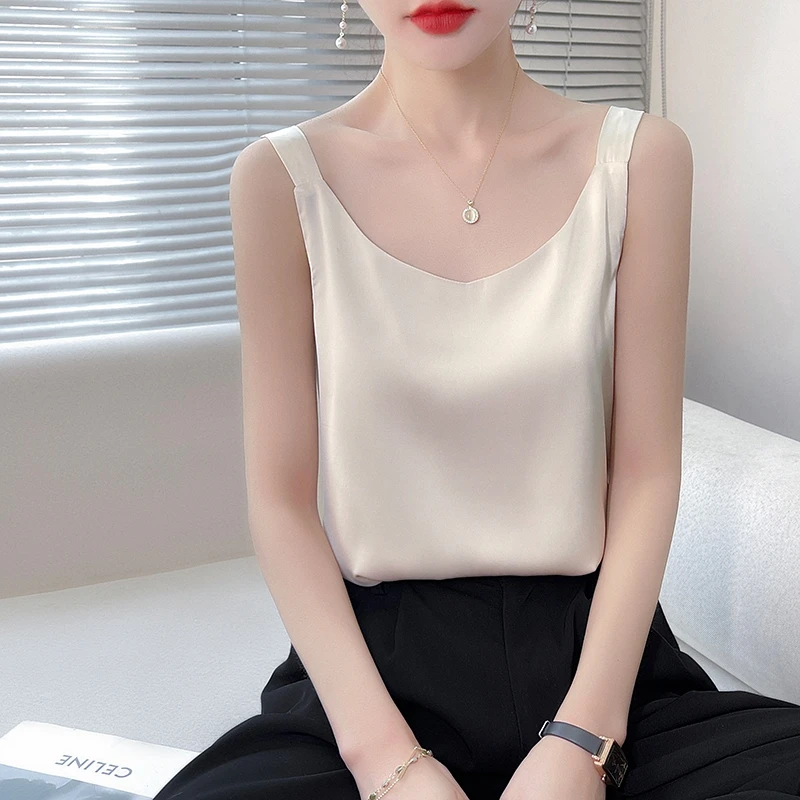 夏季新款窄肩吊带背心女外穿配西装内搭V领无袖缎面上衣打底