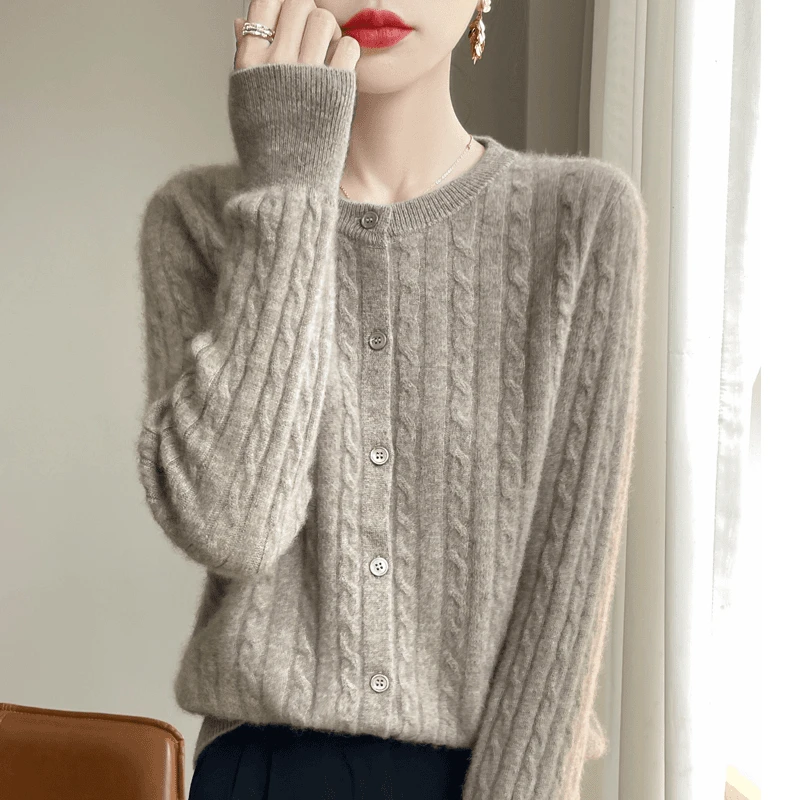 2024秋冬新款安迪绒圆领麻花开衫外套时尚百搭洋气宽松长袖针织衫