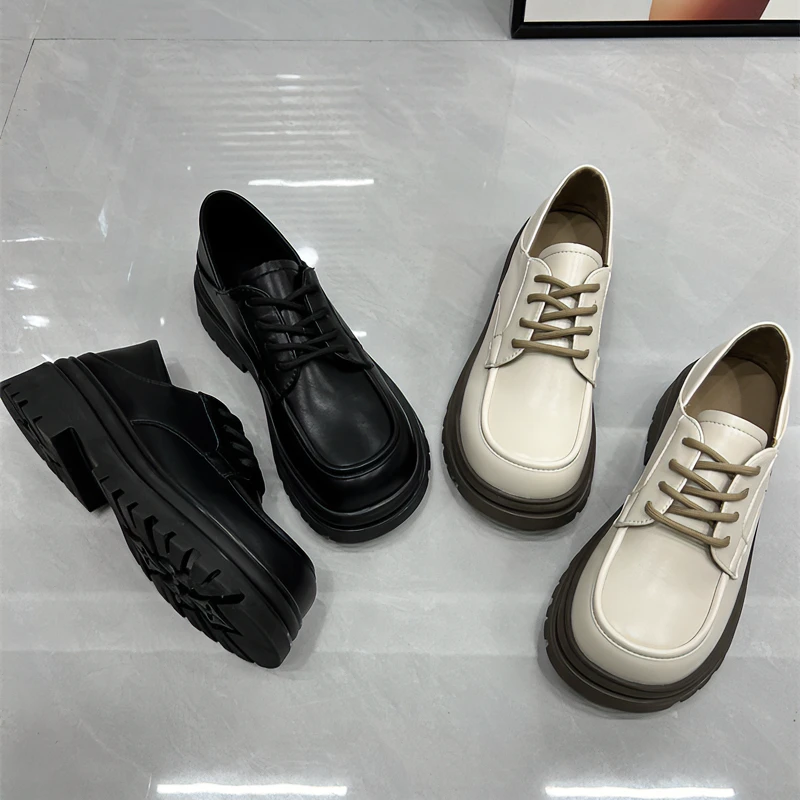 TIBAM两穿厚底英伦风乐福鞋女2025春季新款系带时尚百搭小皮鞋子