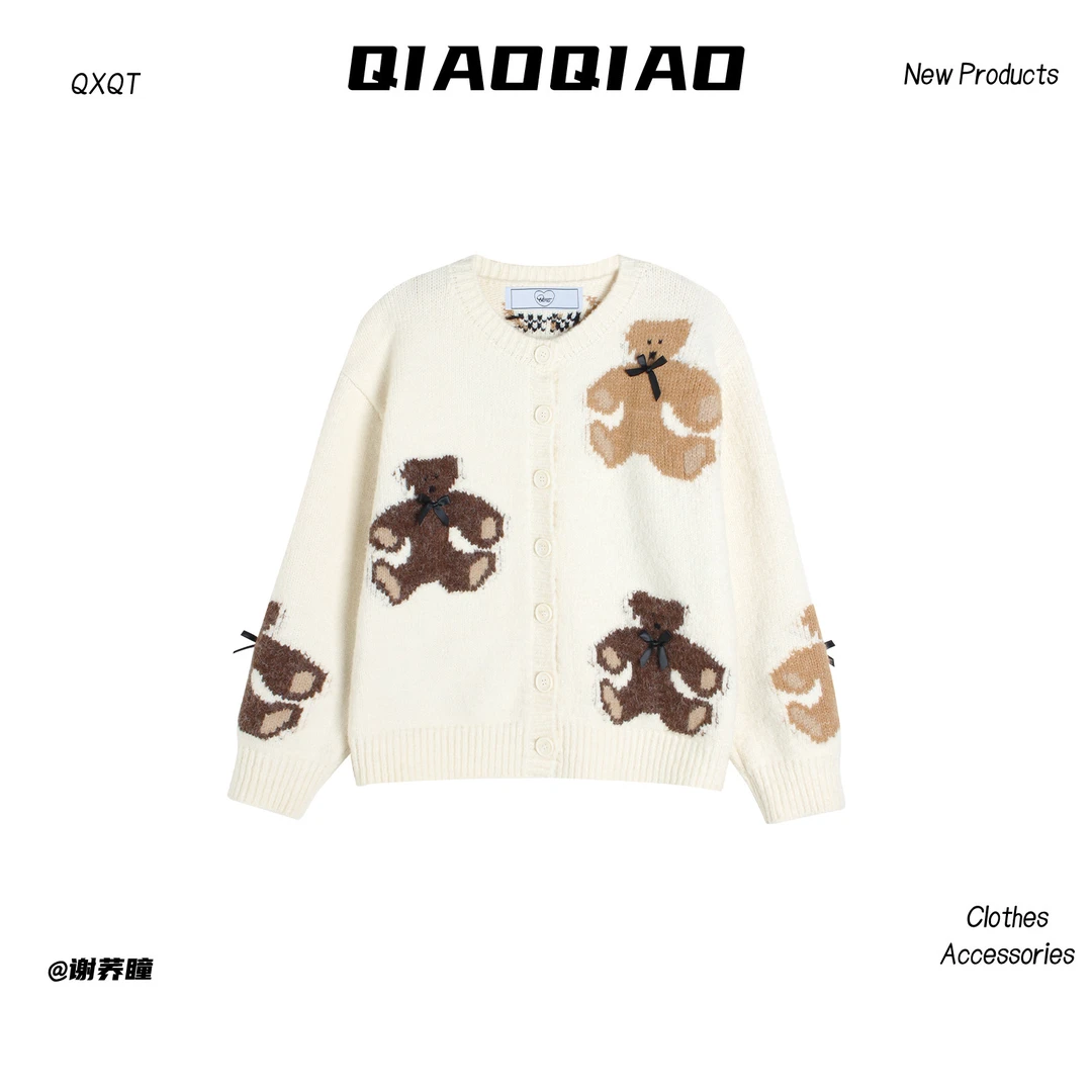 QXQT「小熊蝴蝶结」荞荞秋冬设计感小熊提花圆领加厚毛衣外套QT1841