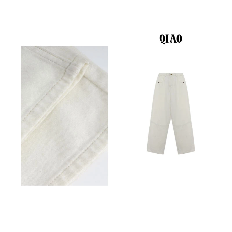 QXQT「皑皑白雪」荞荞秋工装多口袋显瘦明线直筒白色牛仔裤QT2606