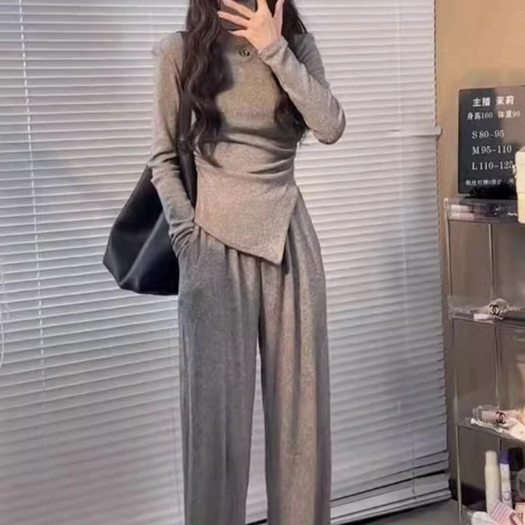 慵懒风休闲运动套装秋冬洋气显瘦不规则长袖上衣阔腿裤加绒两件套