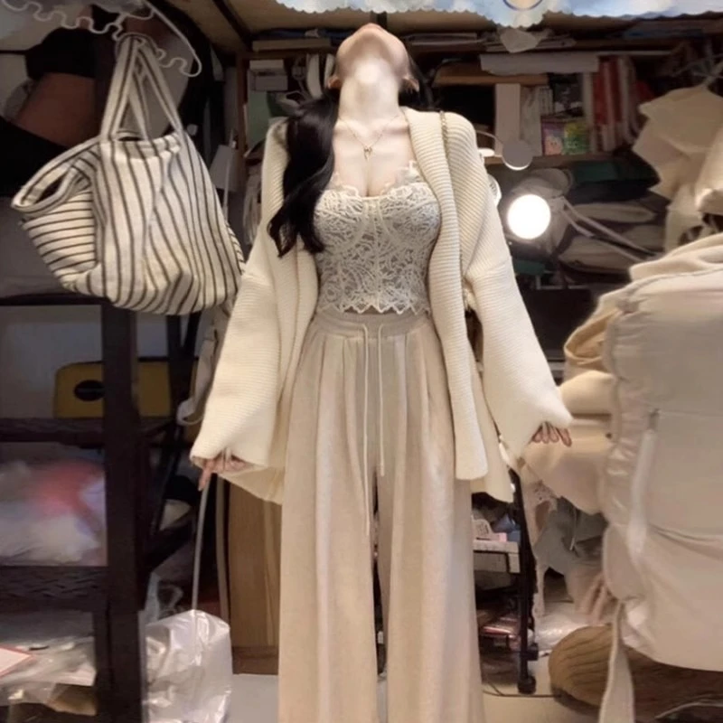 入秋温柔穿搭慵懒风大翻领针织毛衣蕾丝吊带高腰阔腿裤三件套装