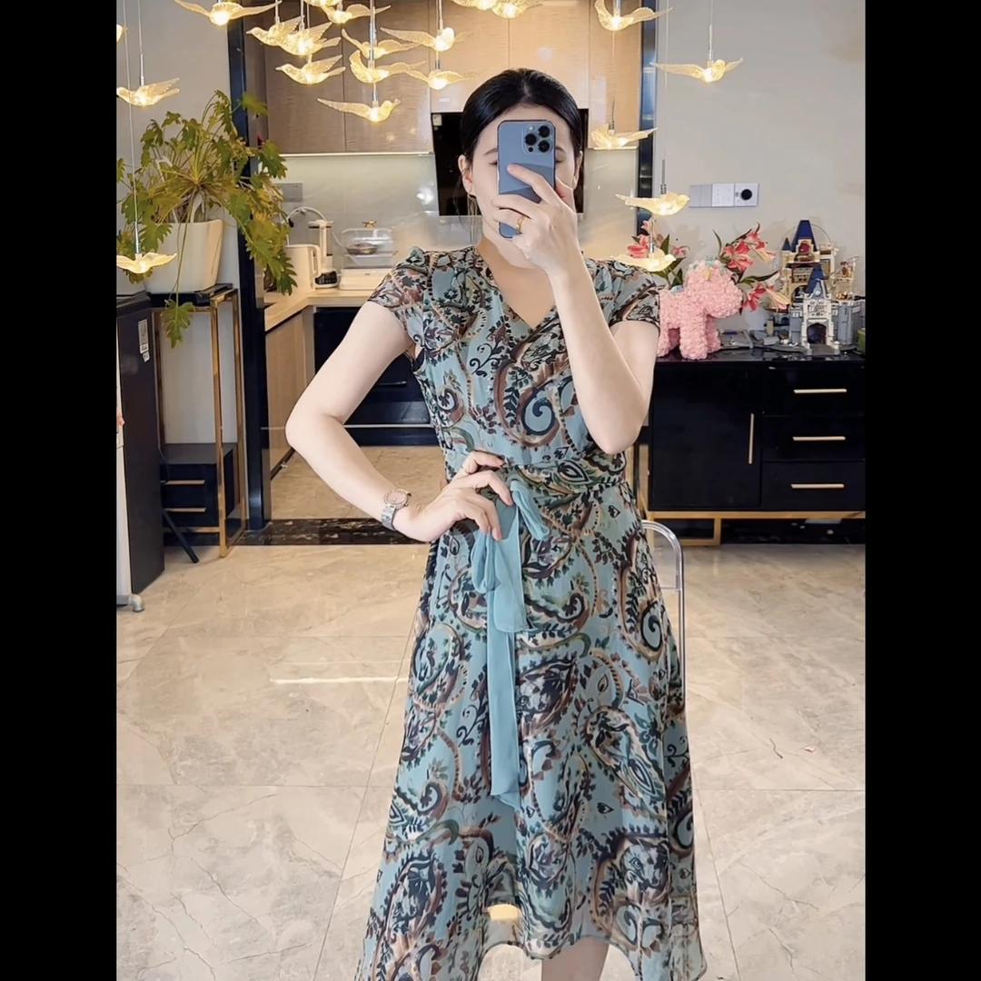 387【猪猪--孤品断码】气质时尚印花女装连衣裙夏季收腰名媛优雅