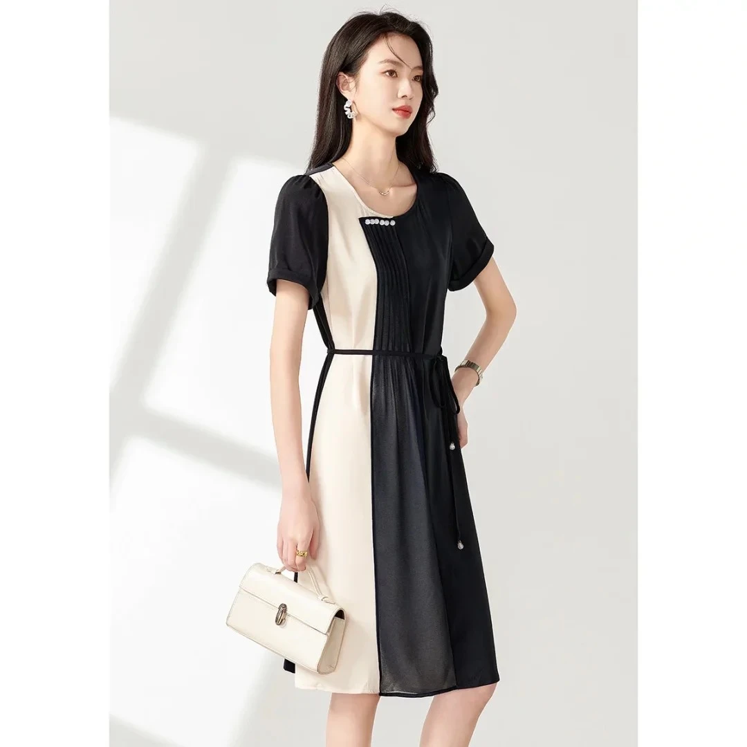 107气质女装连衣裙简约收腰圆领拼接设计感优雅名媛