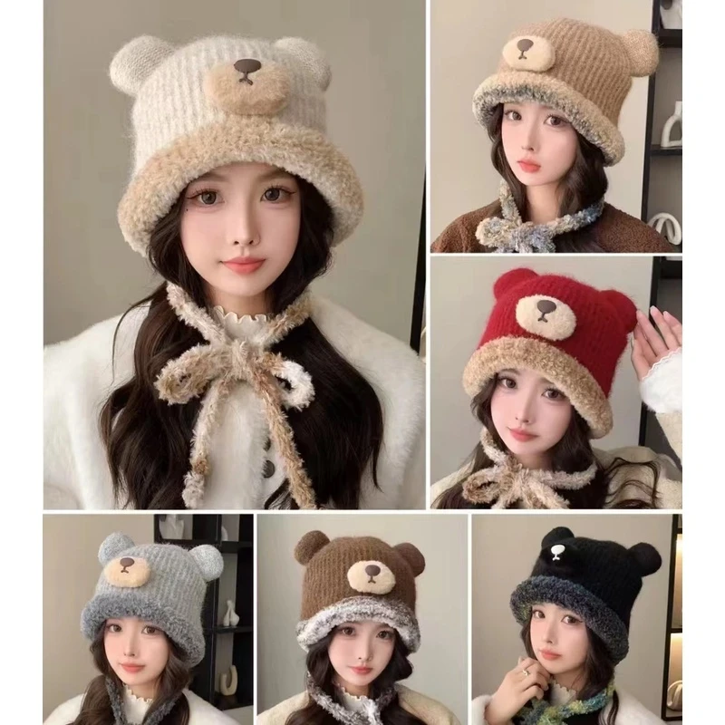 【咕咕】2024秋冬新款可爱小熊毛绒帽子女冬天保暖防寒护耳绑带针