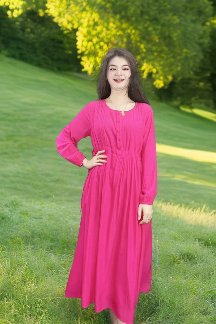 九儿新款圆领时尚大气飘逸减龄百搭长袖连衣裙收腰显瘦纯色9105