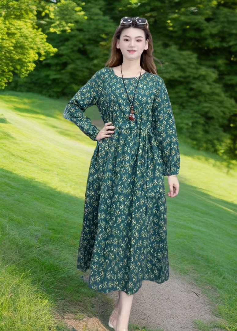 九儿新款长袖上新圆领小碎花时尚气质抽绳收腰显瘦夏季连衣裙6969