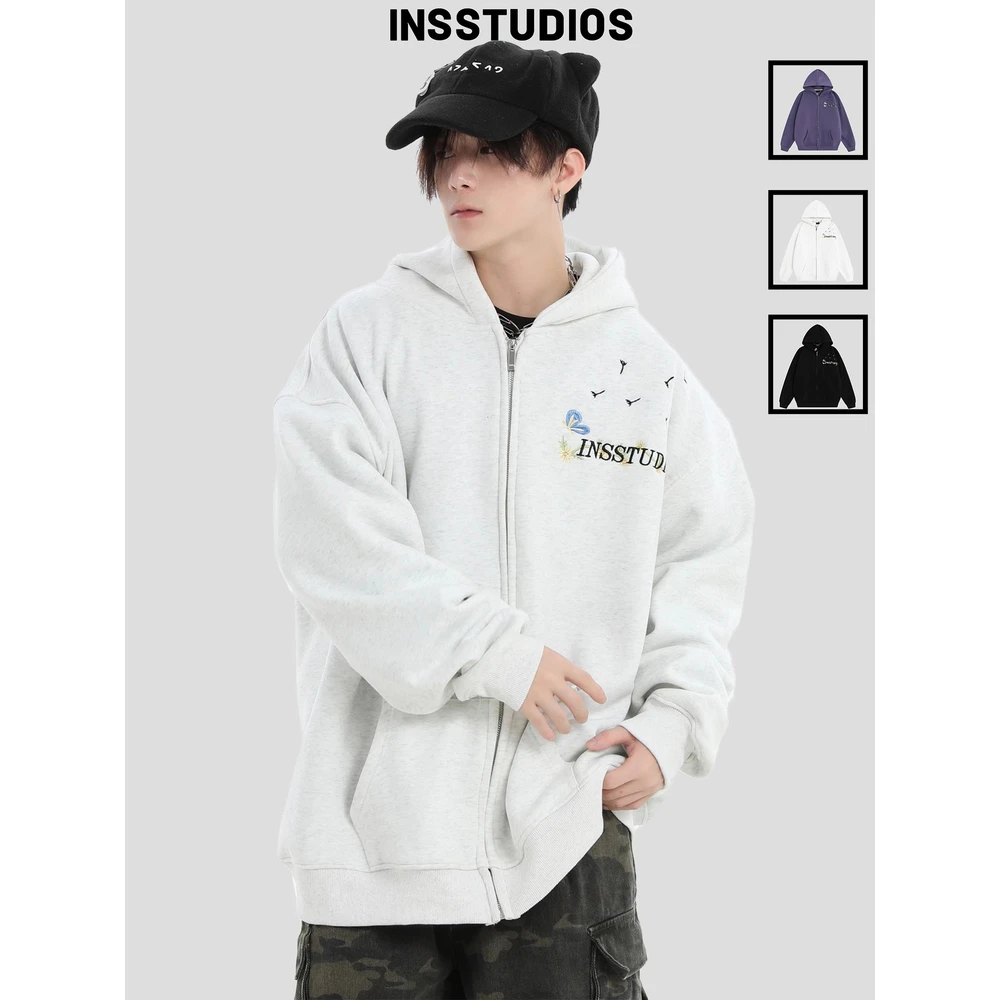 INSstudios 国潮牌情侣美式蝴蝶LOGO刺绣卫衣宽松加绒拉链外套男