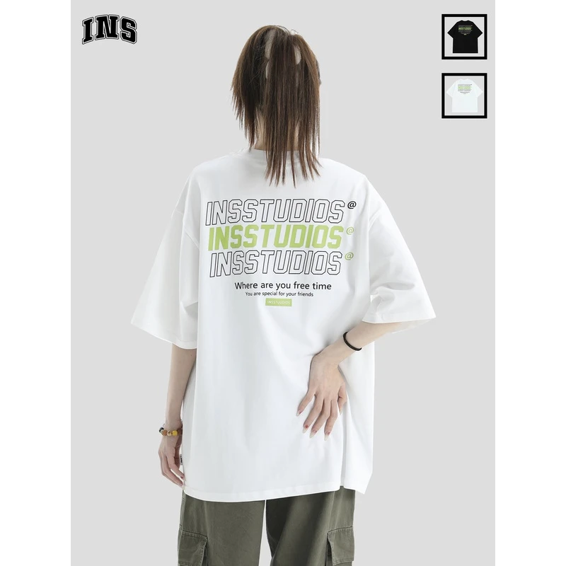 INSstudios国潮牌情侣美式前后LOGO印花短袖宽松重磅纯棉半袖T恤