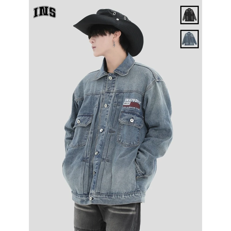 INSstudios国潮牌情侣美式旗帜LOGO刺绣男士牛仔外套宽松工装夹克