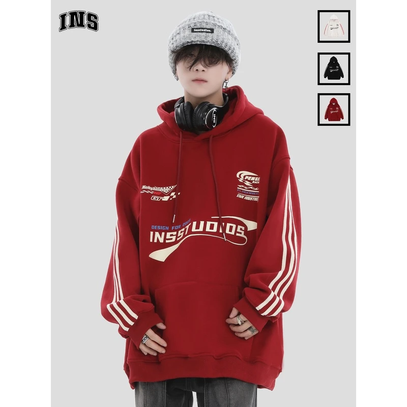INSstudios国潮牌情侣美式复古赛车LOGO卫衣三条杠条纹加绒帽衫
