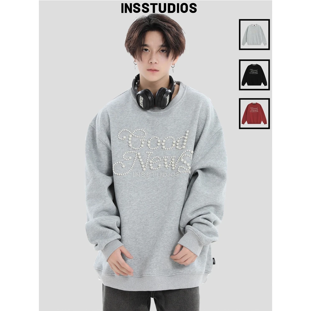 INSstudios 国潮牌情侣美式珍珠排版LOGO圆领卫衣宽松加绒上衣