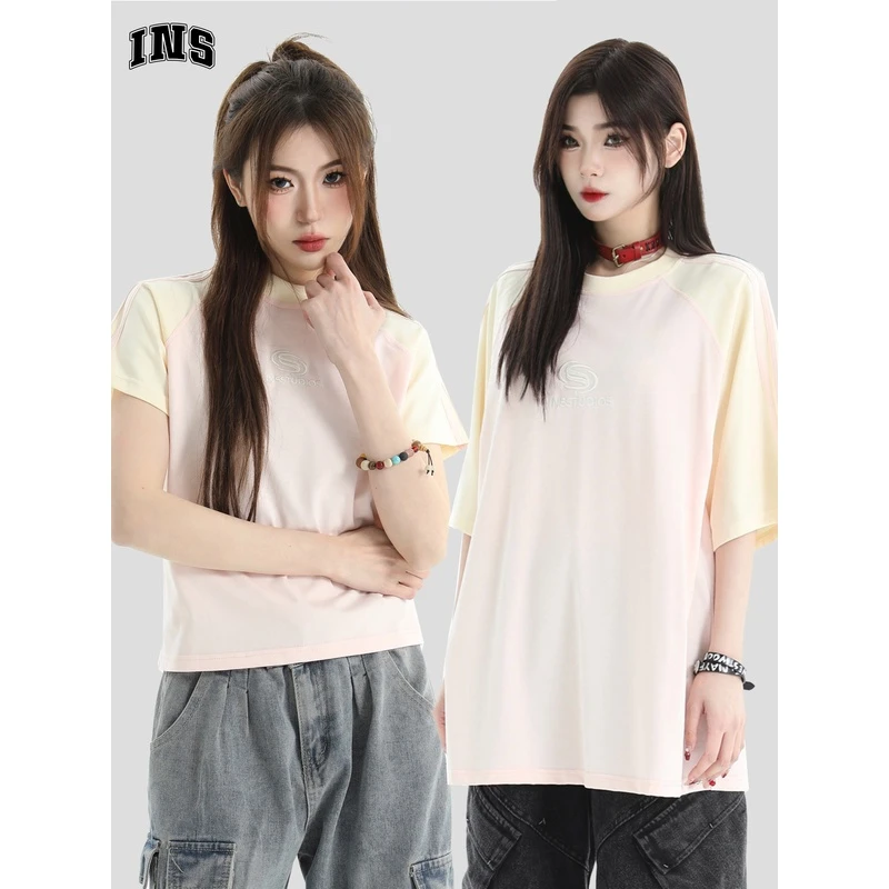 INSstudios国潮牌情侣美式撞色拼接杠条条纹短袖辣妹夏季短款T恤