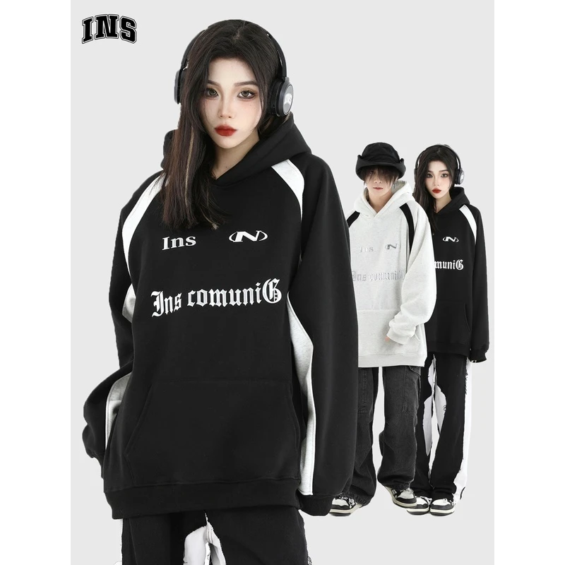 INSstudios国潮情侣美式金属感LOGO插肩袖卫衣撞色加绒连帽衫