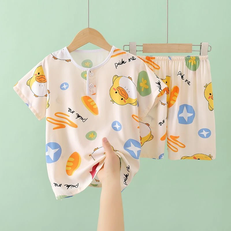 夏季男童女童卡通印花短袖家居服棉绸空调服套装亲肤透气舒适凉爽