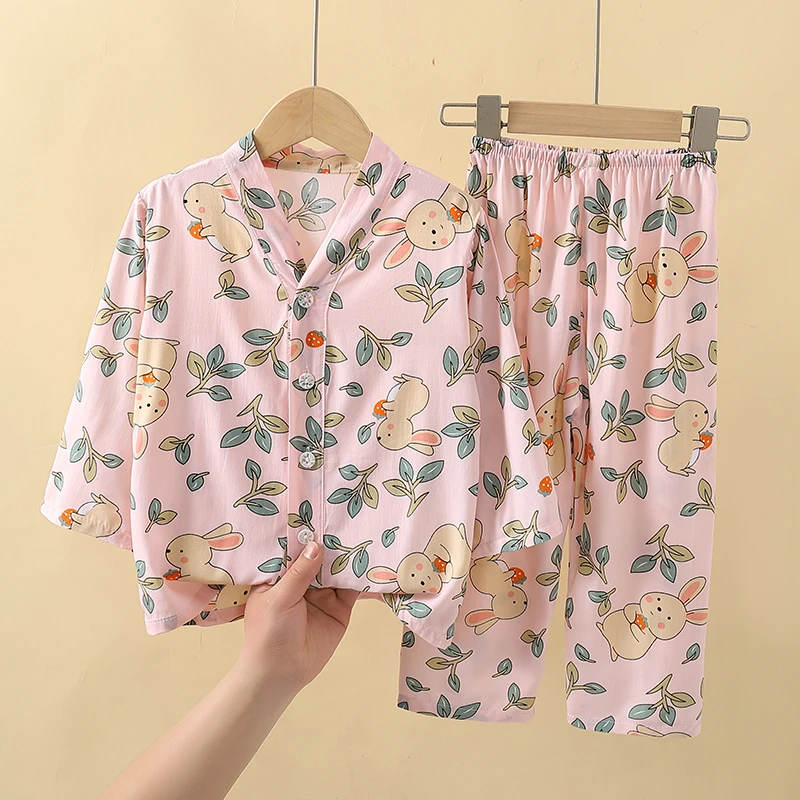 亲子装夏款女童绵绸长袖男童休闲风夏季薄款空调服家居服套装