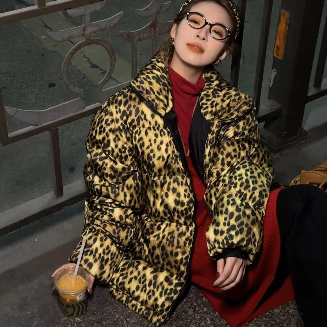 韩版立领豹纹面包羽绒服