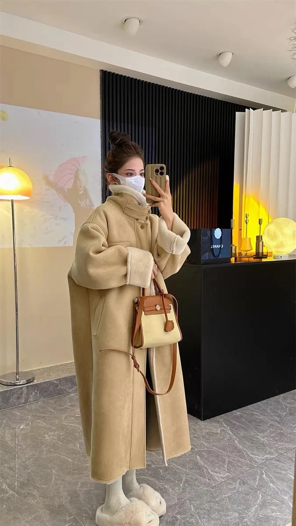 冬季2023新款韩版时尚加绒加厚长款环保皮毛一体外套保暖大衣女