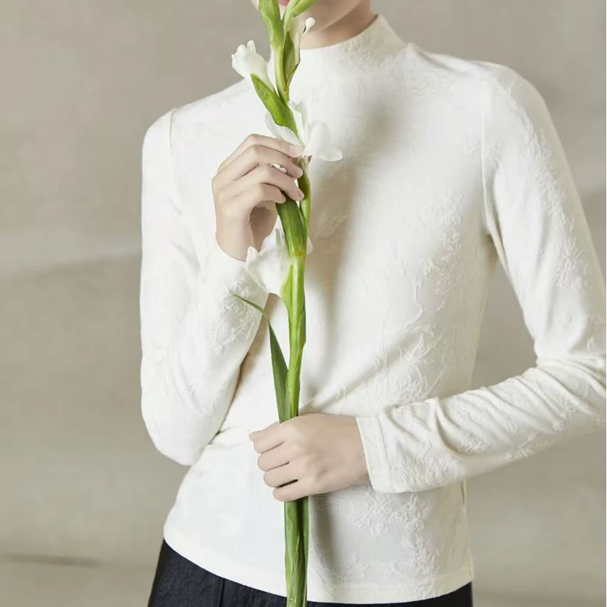 2024秋冬觅处百搭套头轻国风花鸟提花弹力打底衫