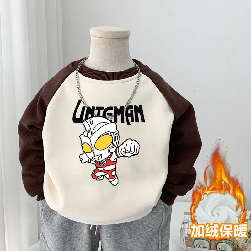 儿童奥特曼加绒卫衣秋冬一体绒宝宝衣服酷帅超人男童拼色圆领上衣