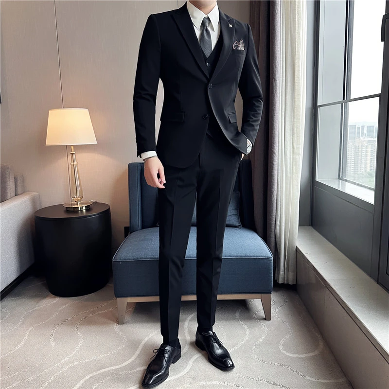 修身戗驳领双开叉两粒扣西装男套装西服三件套黑色职业西服套装男