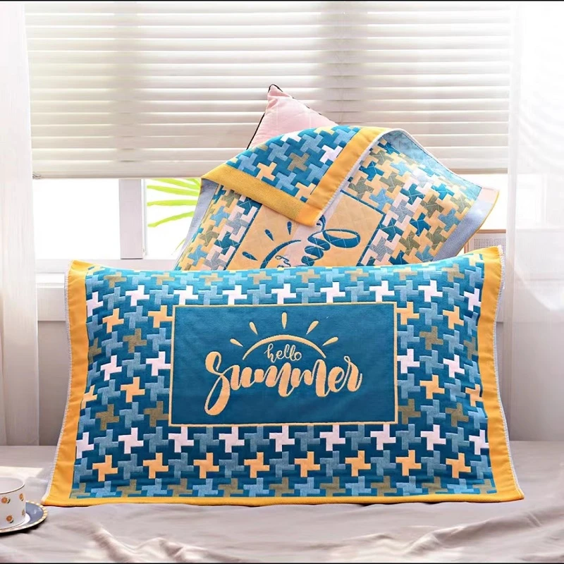 家用纯棉纱布枕巾加厚五层吸汗透气柔软成人情侣高档枕头巾一对装