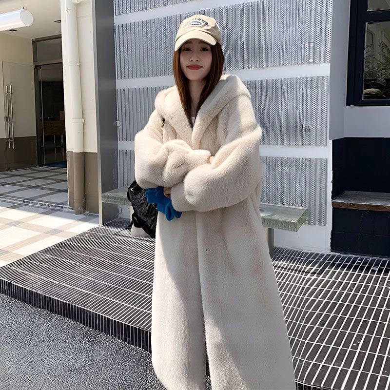 海宁2024中长款连帽外套皮毛一体秋冬毛绒绒外套宽松毛毛衣外套