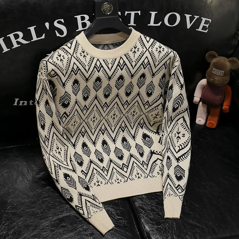 欧货秋冬新款高级感潮流提花方格圆领毛衣男士复古修身青年针织衫