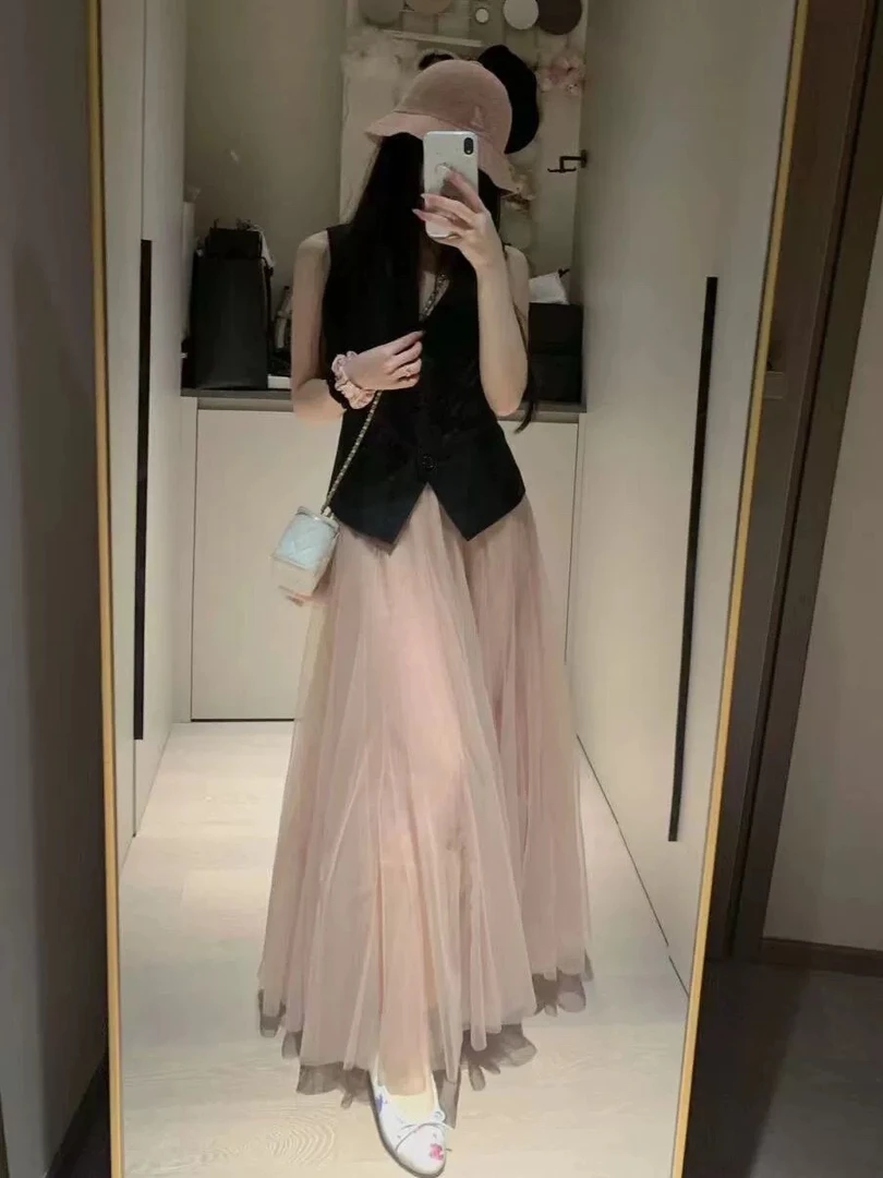 粉色纱裙半身裙女夏季新款高腰垂感显瘦a字网纱裙中长款大摆伞裙