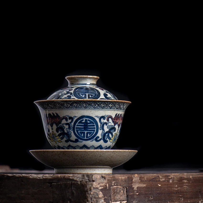 独清 老味青花福寿万寿菊三才盖碗 景德镇陶瓷纯手工茶杯具泡茶碗