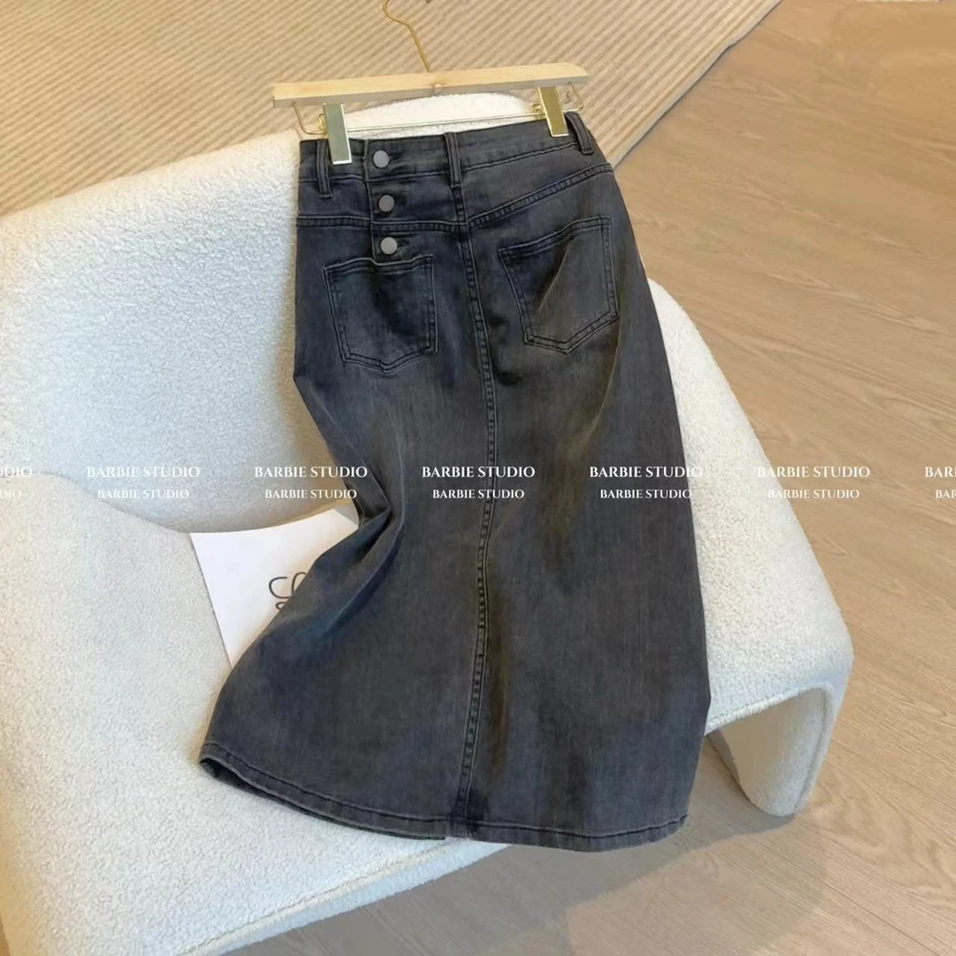 2024时尚春夏季薄荷曼波前叉百搭三粒扣牛仔显瘦中长款半身裙胖mm