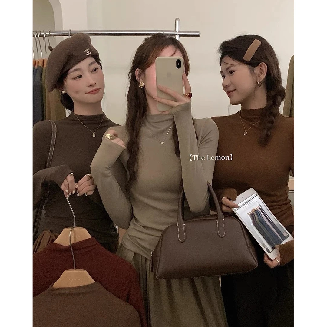 【加绒/不加绒】5297胖mm纯色百搭打底衫高弹长袖T恤加绒保暖上衣