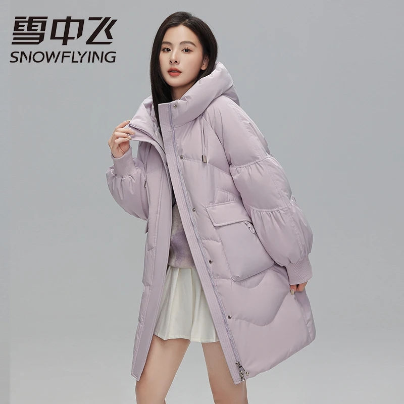 雪中飞2023秋冬新款中长款羽绒服插肩袖宫廷风淑女简约保暖外套