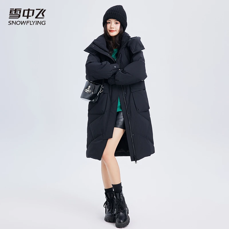 雪中飞2023秋冬新款多色韩版宽松长款羽绒服时尚连帽中长款保暖