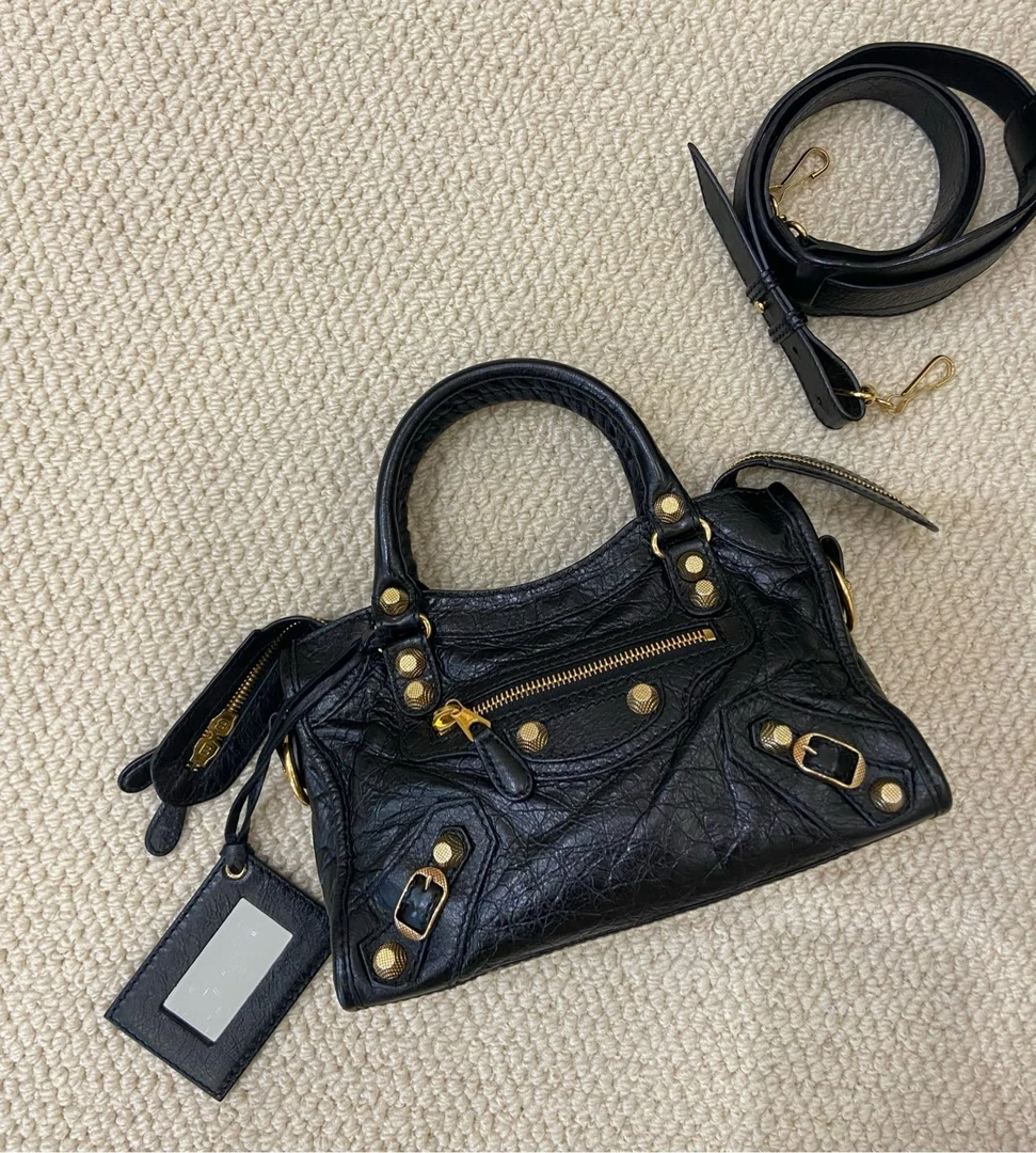 99新 Balenciaga/巴黎世家 闲里/机车包黑金city mini斜挎包